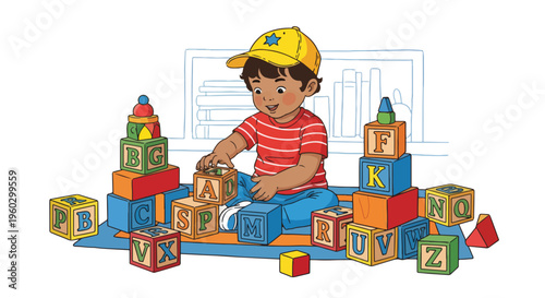 Cute toddler boy playing with colorful alphabet blocks, building towers, learning letters, early childhood education, fun playtime