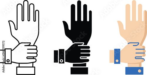 Hand, holding, wrist, icon, set, representing, help, support, assistance, rescue, restraint, safety, arrest, control, stop, partnership, together, human, vector, illustration.