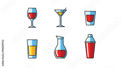 Flat Design Drink and Barware Icons Set. Collection of beverage glasses, cocktail shaker, and carafe with various drinks.