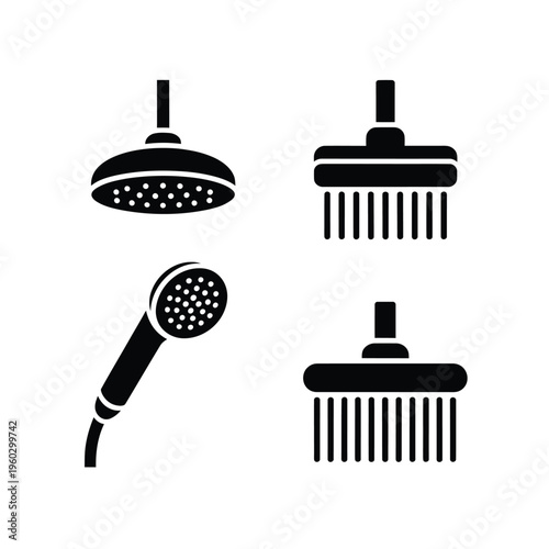 Black silhouette icons depicting various types of shower heads and nozzles