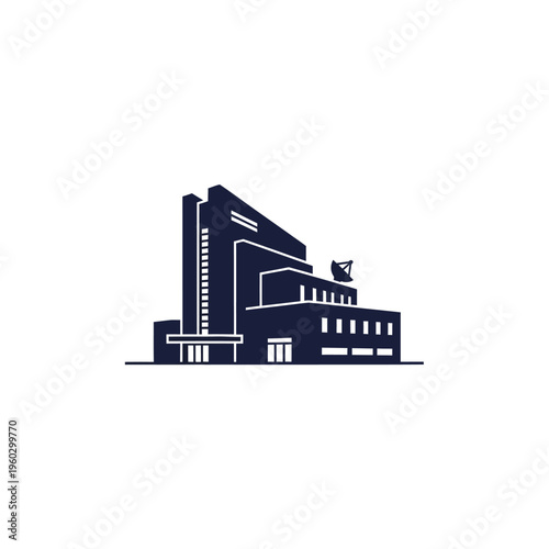 Sleek modern institutional building silhouette icon with minimalist design, representing corporate headquarters or a research facility in a clean vector style
