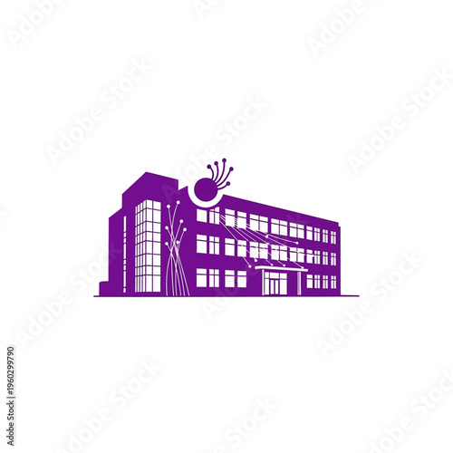 Modern university building with purple digital network connection illustration representing technological innovation and research