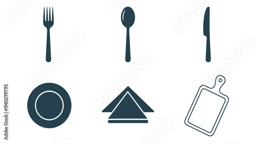 Minimalist Cutlery, Plate, Napkin & Cutting Board Icons Set