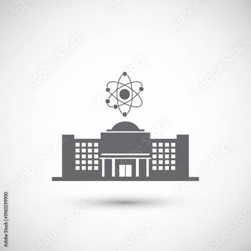 Minimalist vector icon of a science university building with an atom symbol, representing academic research, scientific education, and technological innovation in higher learning institutions