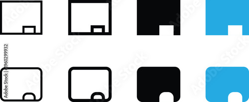 Set of icons representing a rectangle with a small square or semicircle cutout in the bottom right corner, vector illustration