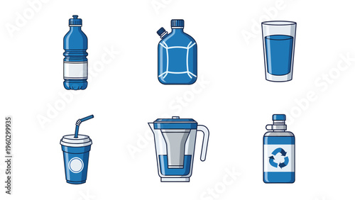 Water Bottles, Glass, Jug, Filter & Recycling Icons Set - Hydration & Drink Containers