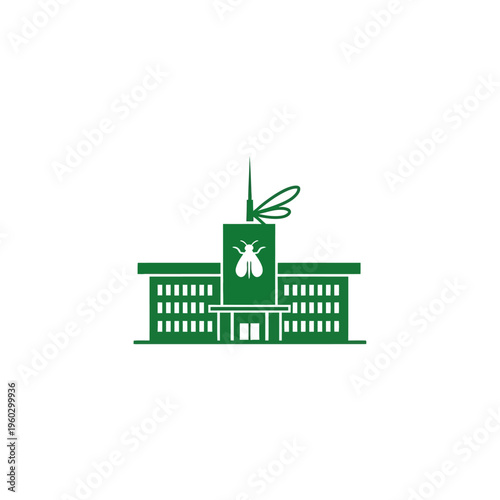 Minimalist green building icon for entomology research or pest control services, featuring mosquito and fly symbols for insect management