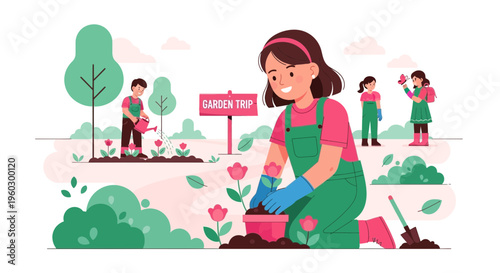 Joyful Children Engage In Gardening Activities Together Under Sunny Skies