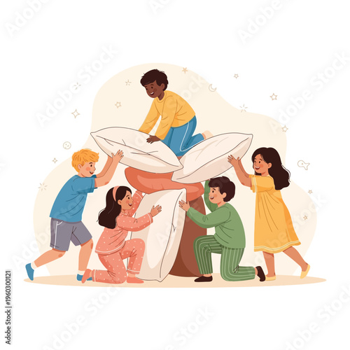 Joyful Children Engaged In Playful Pillow Fight Scene