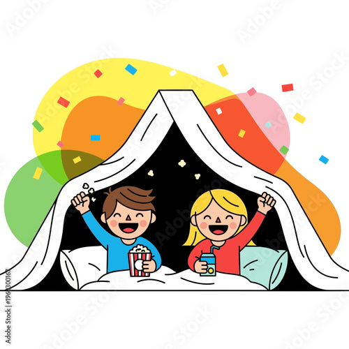 Joyful Children Enjoying Sleepover Adventures Under a Blanket Fort