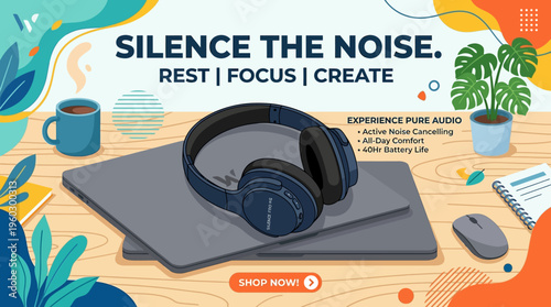 Noise-Cancelling Headphones on Laptop with Coffee and Plant