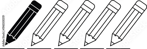 Unique black pencil standing out from white outline pencils representing leadership selection creativity individuality distinct choice first place and creative progress.