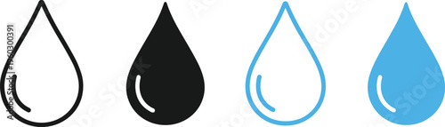 Water drop icon set, blue and black droplets, liquid splash symbols, nature environment elements, rain moisture signs, isolated vector illustration.