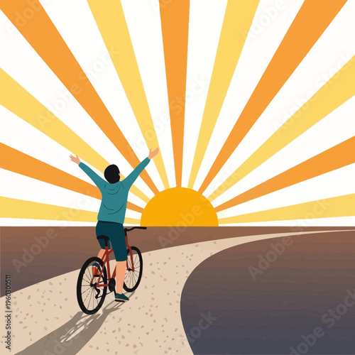 Joyful Cyclist Embraces Radiant Sunrise Adventure Outdoors