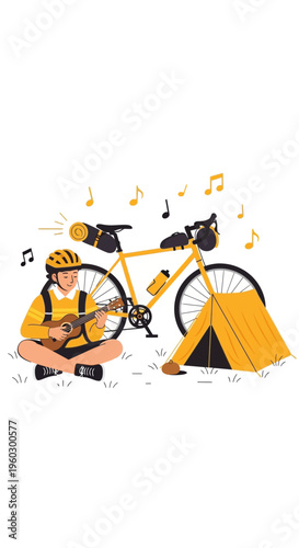 Joyful Cyclist Serenades Nature While Camping Under Musical Notes