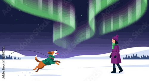Joyful Dog And Person Under Enchanting Aurora Borealis Display