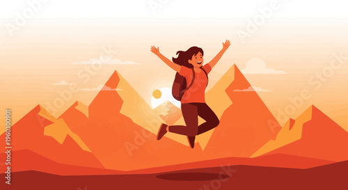 Joyful Explorer Leaps High Amidst Majestic Mountain Peaks During Golden Hour