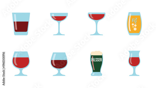 Flat design vector icons of various drink glasses. Assortment of beverages including wine, beer, and cocktails in different glassware types.