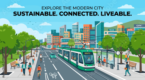 Modern Cityscape with Eco-Friendly Transportation