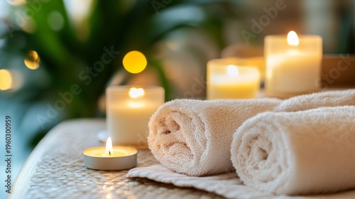 Relaxing candles and spa towels. generative ai