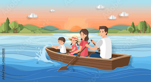Joyful Family Boating Adventure During Golden Sunset Scenic View