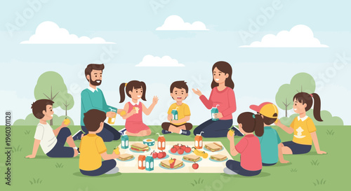 Joyful Family Picnic Adventure Outdoors In A Sunny Park