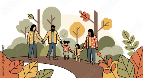 Joyful Family Stroll Through Autumn Woods Holding Hands