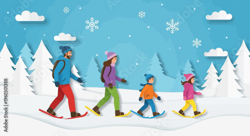 Joyful Family Snowshoeing Adventure Through Snowy Forest Scenery