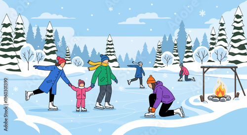 Joyful Family Ice Skating Adventure Amidst Winter Forest Scenery With Cozy Campfire