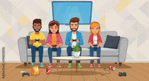 Joyful Friends Gather for Engaging Video Game Sessions