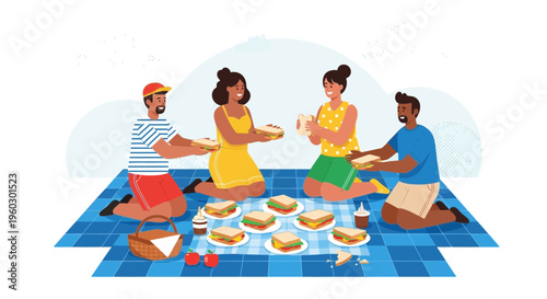 Joyful Friends Sharing Delicious Sandwiches During A Sunny Outdoor Picnic Gathering