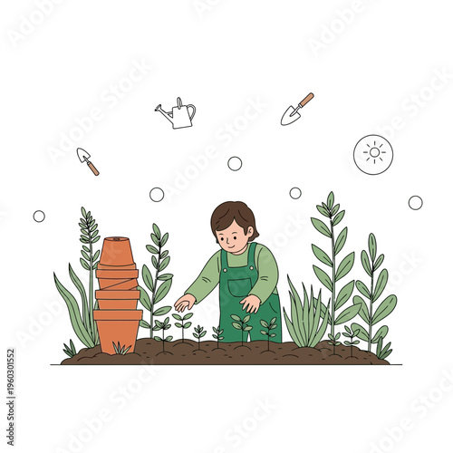 Joyful Gardener Tending Tiny Sprouts Amidst Lush Greenery And Gardening Tools