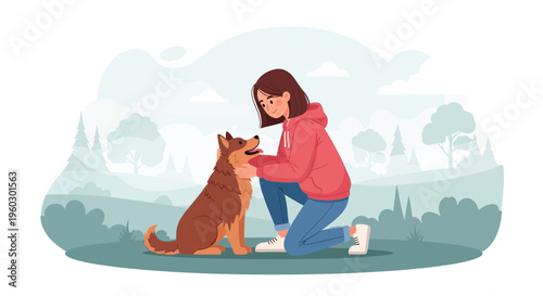 Joyful Girl Connects With Her Loyal Canine Companion Outdoors