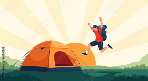 Joyful Hiker Campsite Celebration Sunrise Adventure