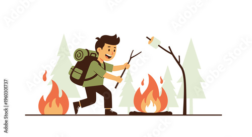 Joyful Hiker Roasting Marshmallow Over Campfire in Forest Adventure