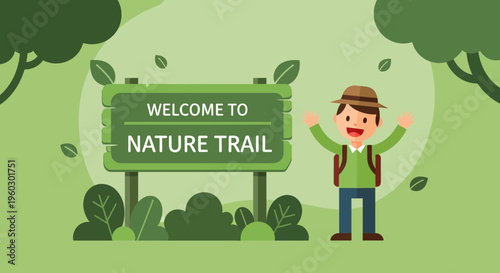 Joyful Hiker Welcomes Visitors To Scenic Nature Trail Adventure