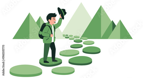 Joyful Hiker With Hat Raised On A Stepping Stone Path Towards Verdant Peaks