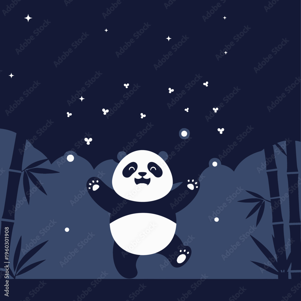 Naklejka premium Joyful Panda Dancing Under Starry Night Sky Surrounded By Bamboo Forest Wonder