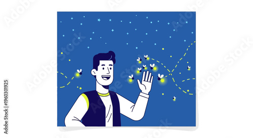 Joyful Man Greeting Enchanting Fireflies In A Starry Night Sky