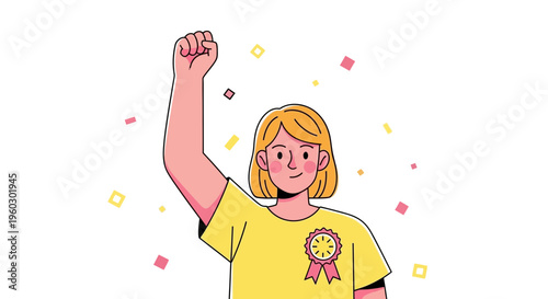 Joyful Person Celebrating Achievement With Fist Pump And Award Ribbon