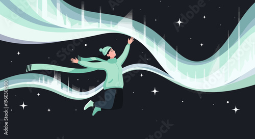 Joyful Person Embraces Swirling Northern Lights Amidst Starry Sky