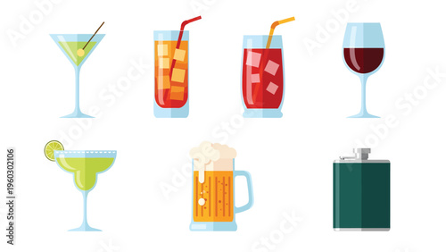 Colorful vector illustration set of alcoholic and non-alcoholic drinks: cocktails, beer, wine, and a hip flask