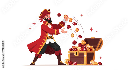 Joyful Pirate Character Tosses Precious Gems From Overflowing Treasure Chest
