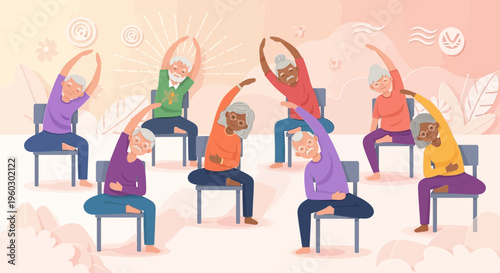Joyful Seniors Engaging In Chair Yoga With Graceful Movements