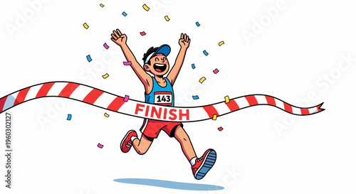 Joyful Runner Crosses Finish Line With Arms Raised And Confetti Falling