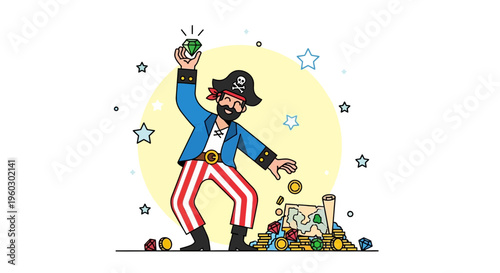 Joyful Pirate Discovering Emerald Treasure And Gold Coins