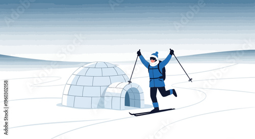 Joyful Skier Arrives at Arctic Igloo Destination Adventure