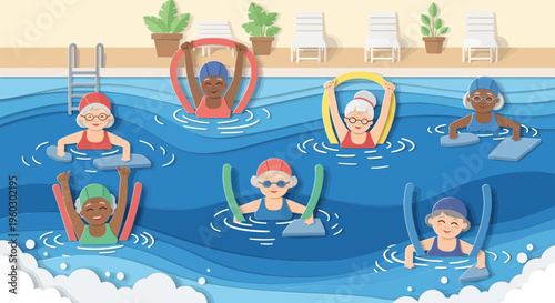 Joyful Seniors Engage In Water Aerobics Pool Class