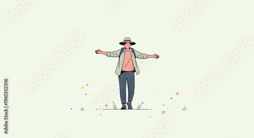 Joyful Traveler Embraces Adventure With Open Arms in a Minimalist Landscape