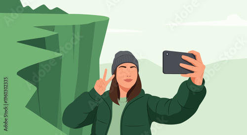 Joyful Wanderer Captures Scenic Vista Selfie With Peace Sign